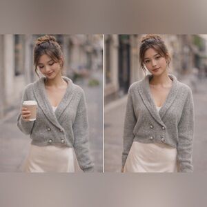 Vintage Diversity Lambswool Angora Cardigan Grey Ribbed Sweater | Soft Knit |
